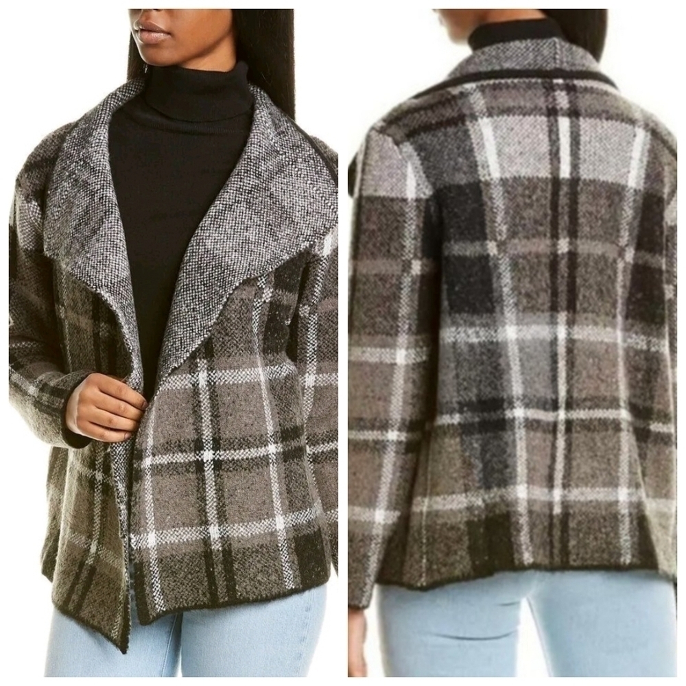 NEW Joseph A. Plaid Open Front Cardigan Sweater Drape Collar Jacket Black Size S